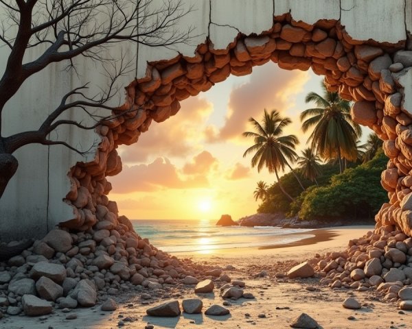 Paradise Scene of Beach at Sunset Through Wall