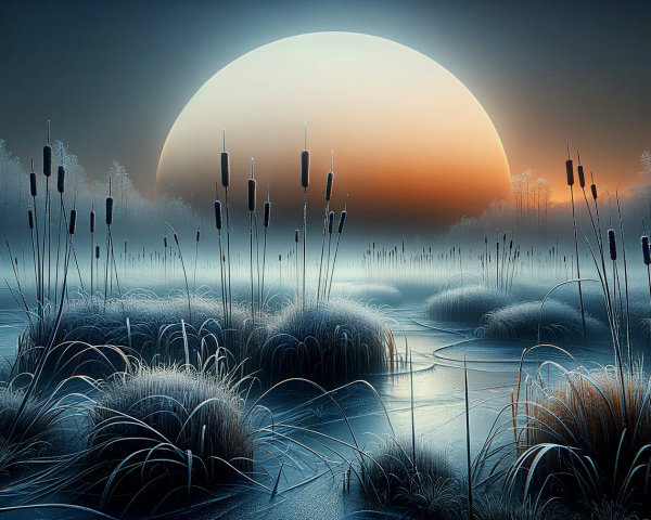 Serene Dawn Landscape with Cattails and Frosty Marshes
