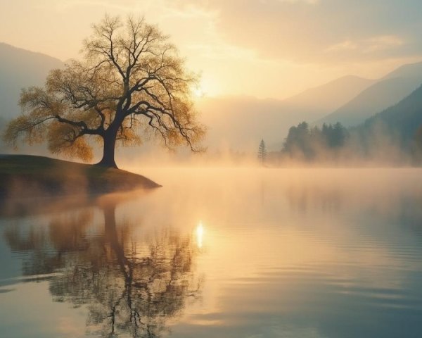 Dawn Landscape with Tree, Lake, and Mountains