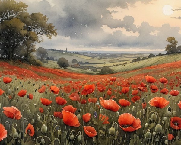 Vibrant Red Poppies in a Serene Landscape Scene