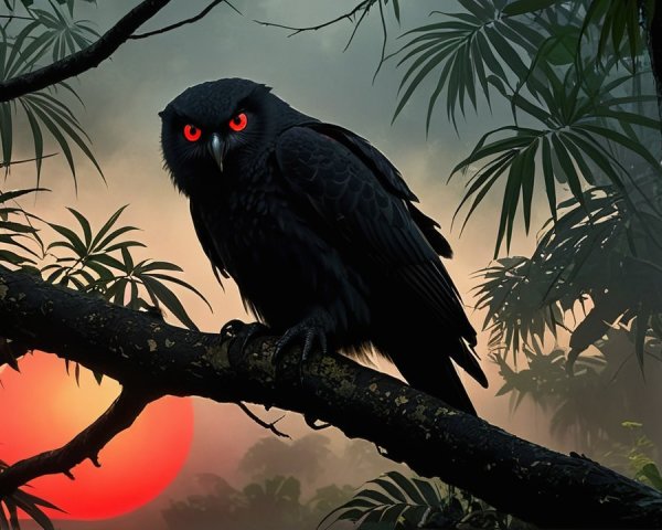 Mysterious Owl with Red Eyes at Sunset Background