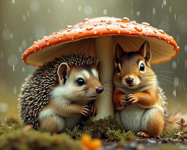 Hedgehog and Squirrel Under Red Mushroom in Rain