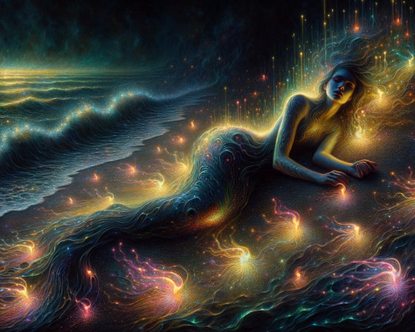 Luminous Mermaid on Shimmering Shore at Night