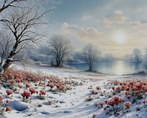 Winter Landscape with Snow and Emerging Tulips