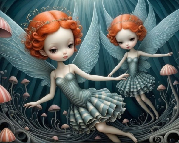 Whimsical Fairy Figures Among Oversized Mushrooms