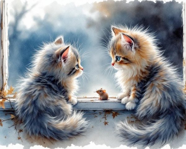 Fluffy Kittens with Blue Eyes on a Windowsill