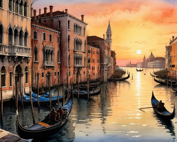 Venetian Canal at Sunset with Gondolas and Historic Buildings