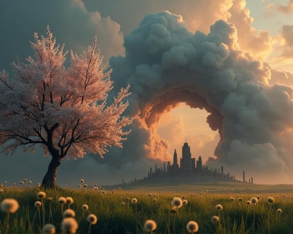 Blossoming Tree Against Vibrant Sunset Landscape