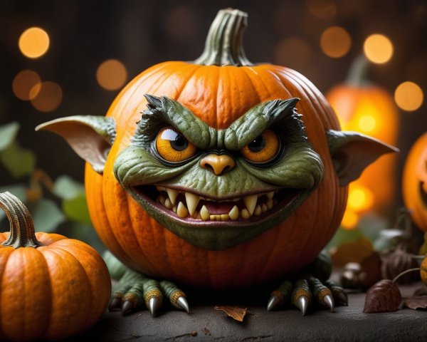 Mischievous Goblin in a Carved Pumpkin Scene