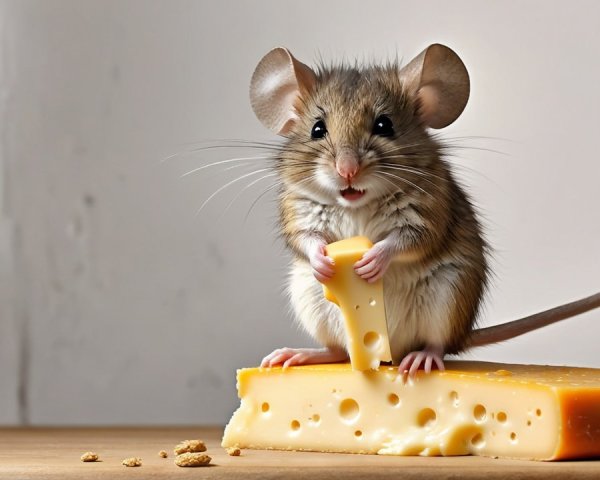 Mouse with Cheese on Wooden Surface and Crumbs