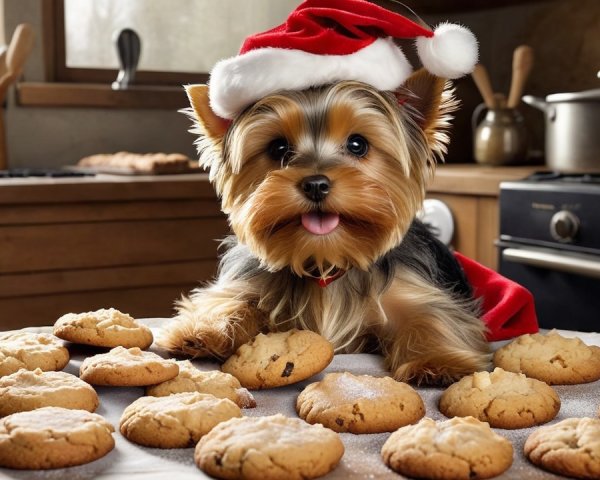 Yorkshire Terrier in Santa Hat with Festive Cookies