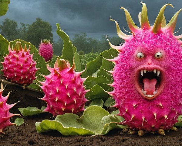 Whimsical Landscape with Colorful Dragon-like Fruits