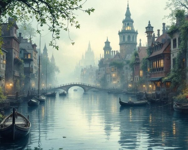 Misty River Scene with Old-World Architecture