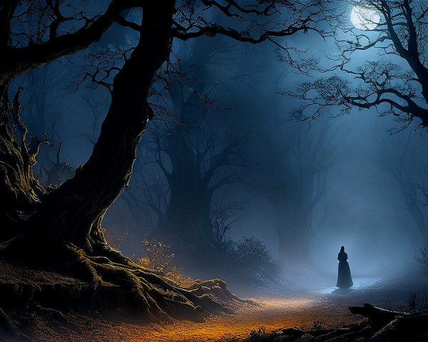 Mysterious Moonlit Forest with Fog and Gnarled Trees