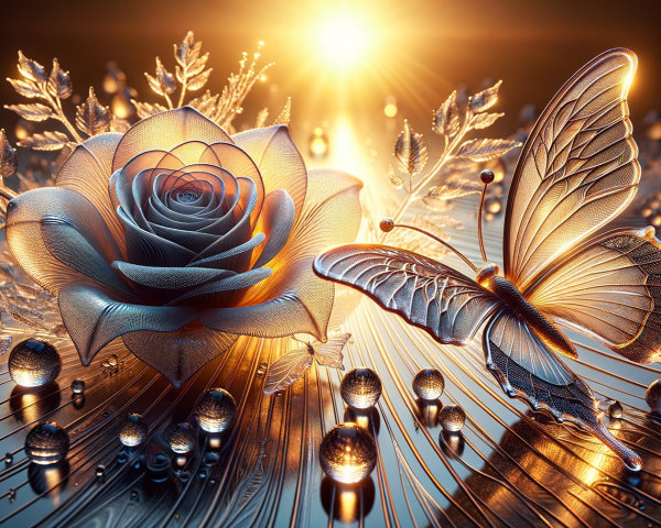 Intricate Rose and Butterfly in Golden Hues