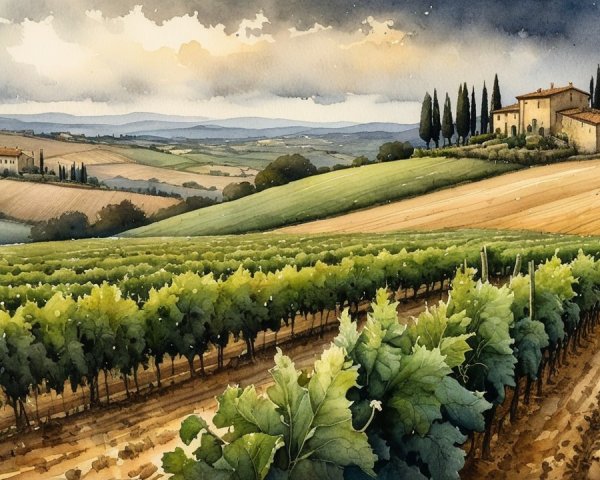 Watercolor Landscape of Vineyards and Rustic Villas