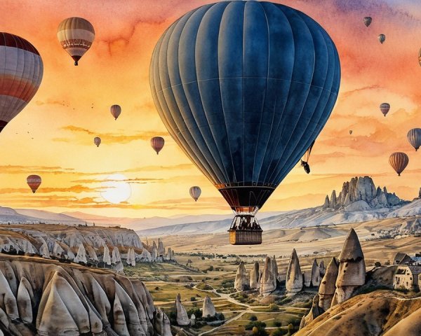 Hot Air Balloons Over Scenic Sunset Landscape