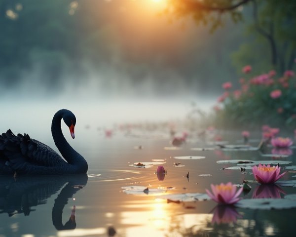 Dawn at a Misty Lake with a Black Swan and Lotus Flowers