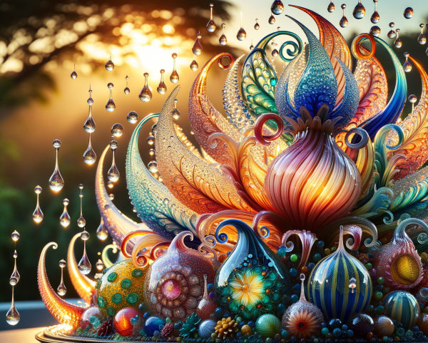 Vibrant Flower Sculpture with Cascading Droplets