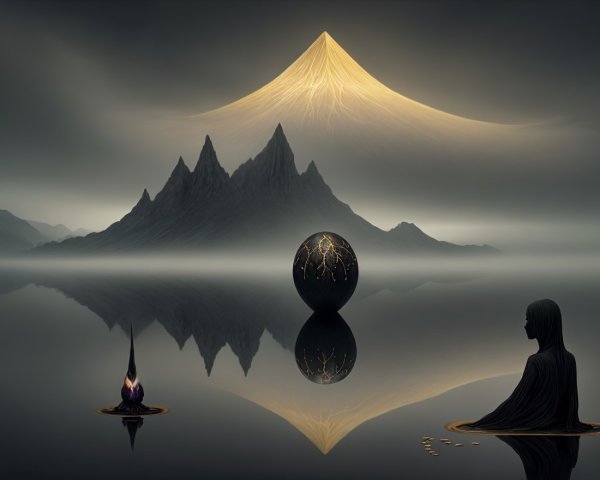 Surreal Landscape with Water, Mountains, and Figures