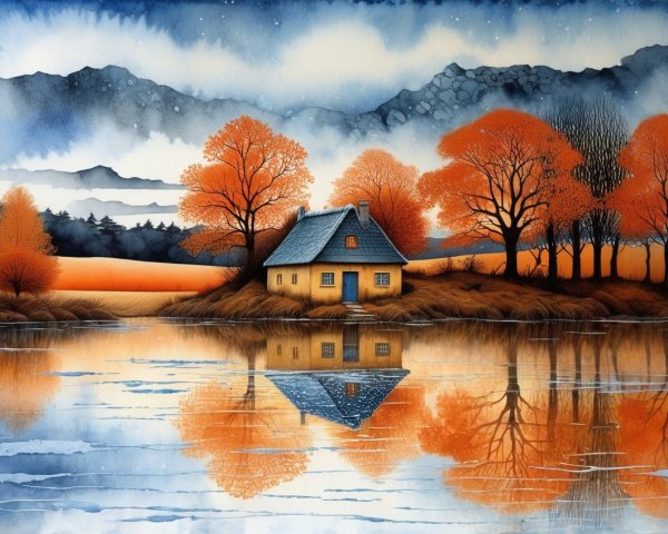 Autumn Landscape with Cottage and Reflective Lake