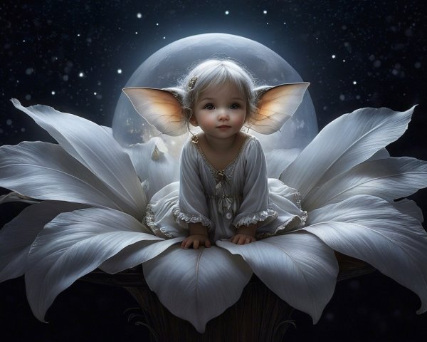 Child on Giant Flower Under Full Moonlight