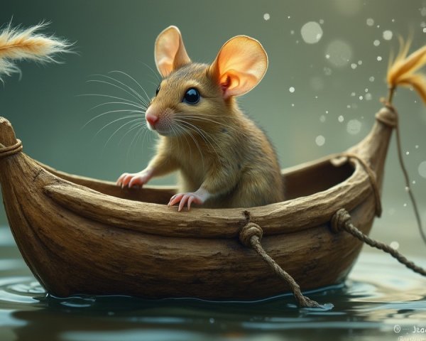 Charming Mouse in Tiny Boat on Tranquil Water