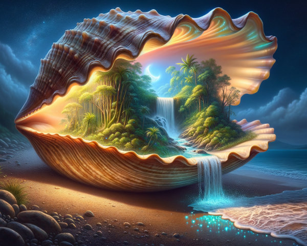 Detailed Seashell with Miniature Tropical Landscape