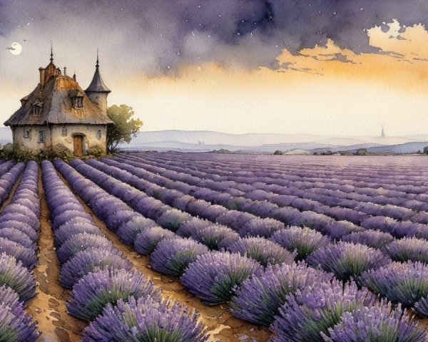 Vibrant Lavender Fields and Quaint House at Sunset