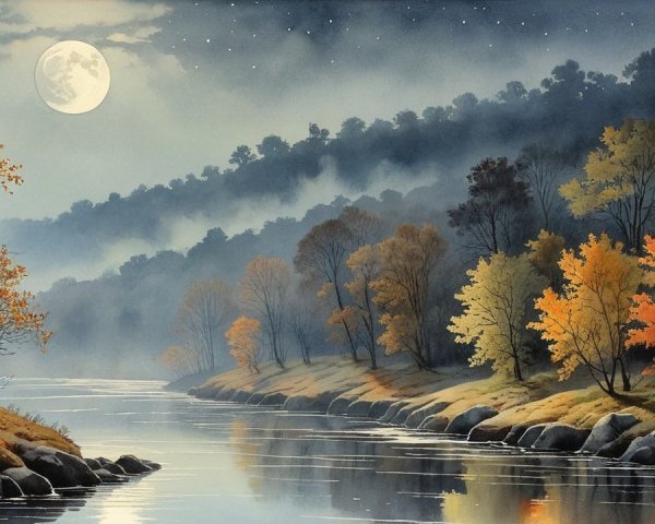 Serene River Landscape Under Full Moon and Autumn Trees