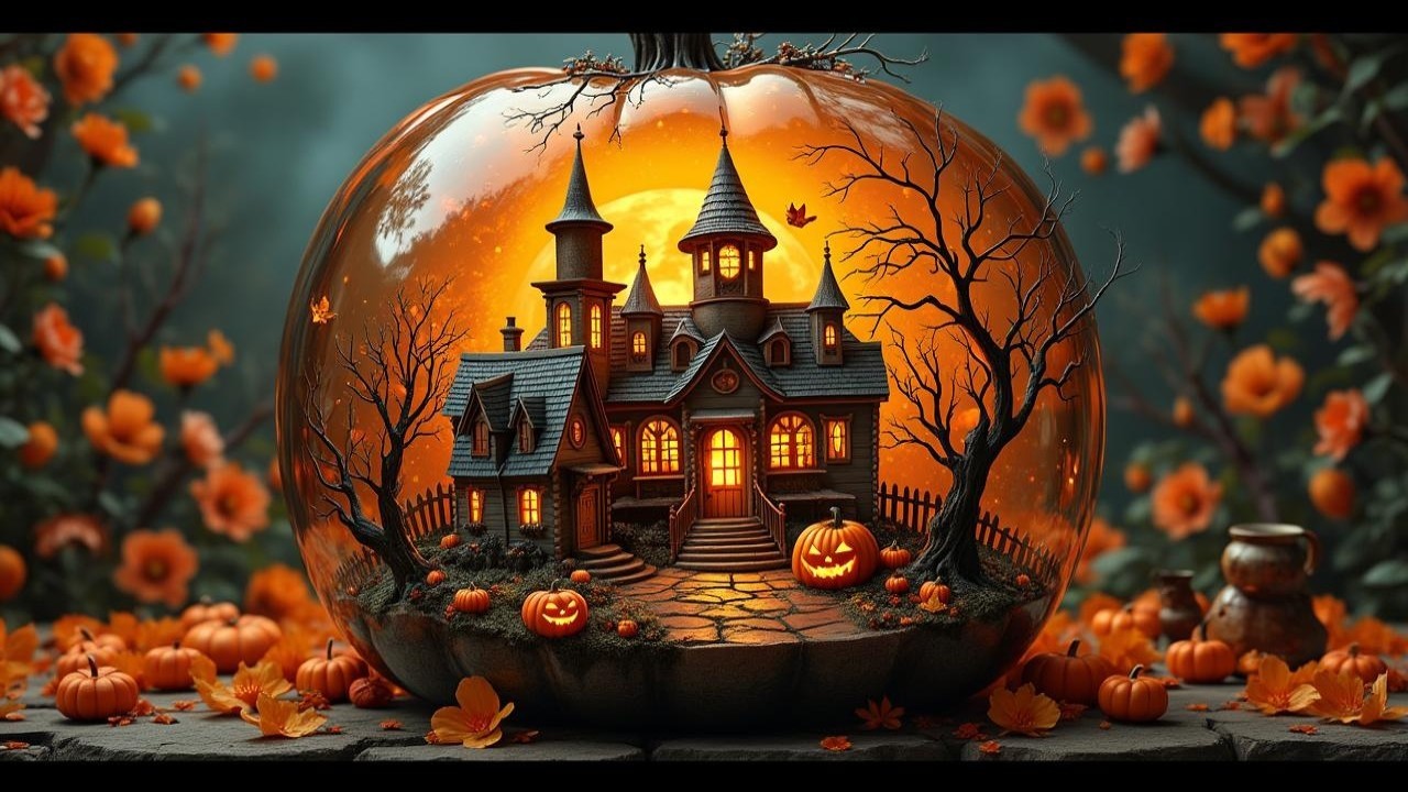 Carved Pumpkin with Haunted House and Autumn Decor