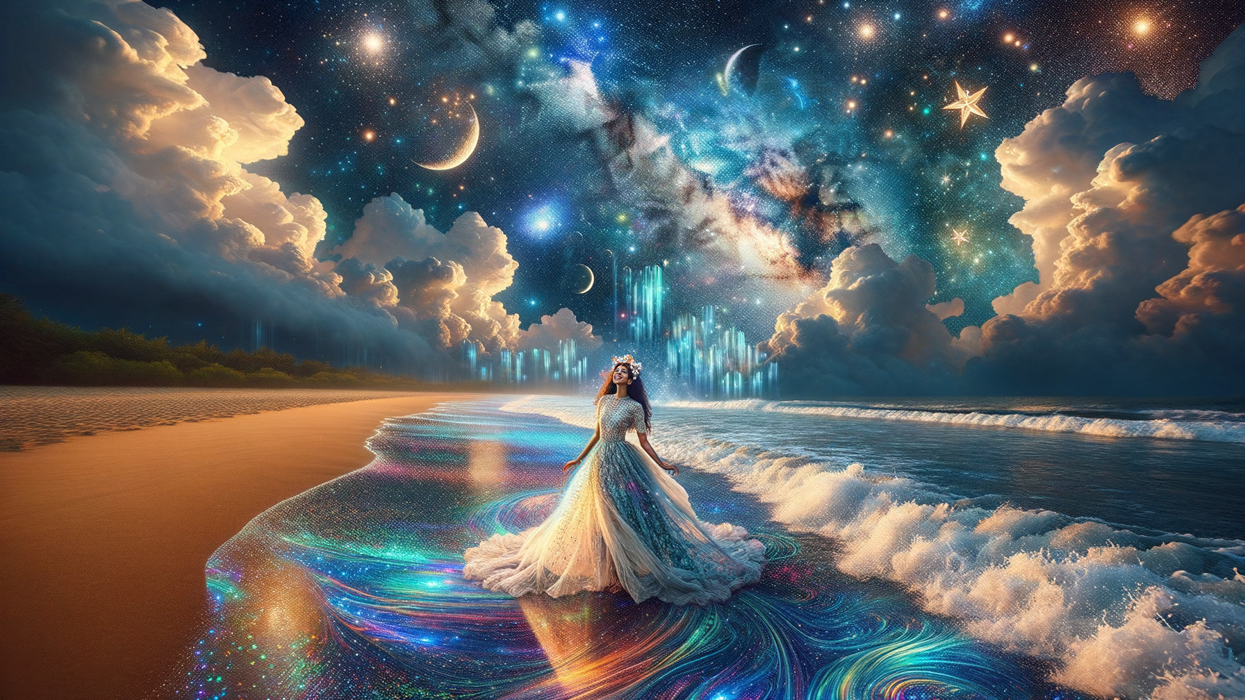 Mystical Beach Scene with Elegant Gown and Ocean