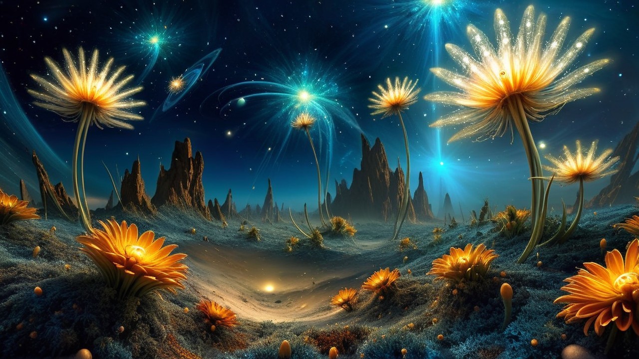 Surreal Alien Landscape with Luminous Flowers and Stars