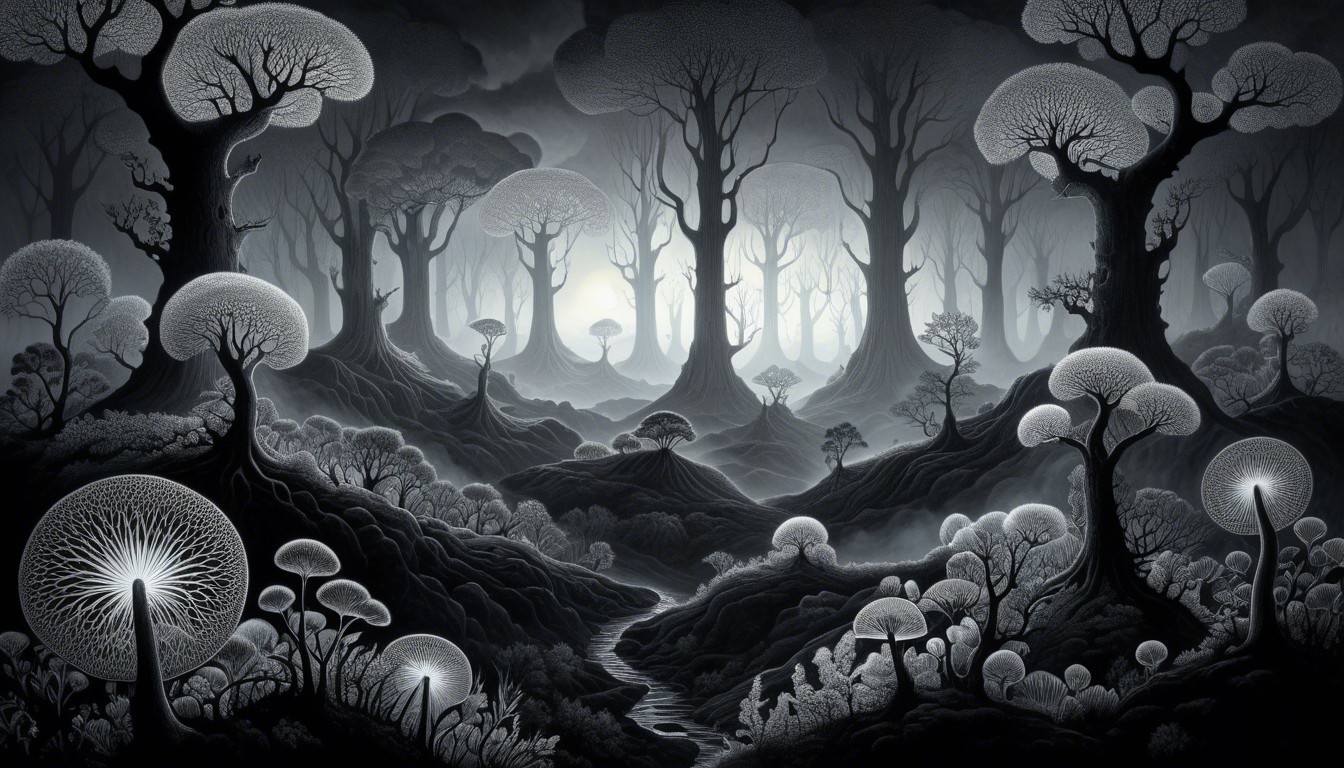 Surreal Monochromatic Forest with Mist and Glowing Mushrooms