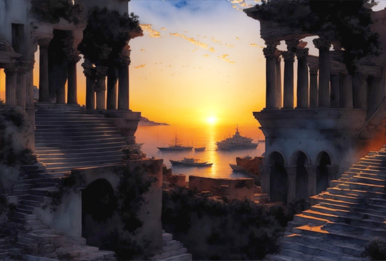 Sunset Over Serene Harbor with Ancient Ruins