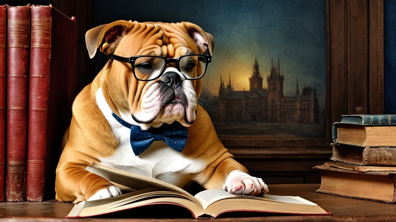 Bulldog in Glasses at Desk Surrounded by Books