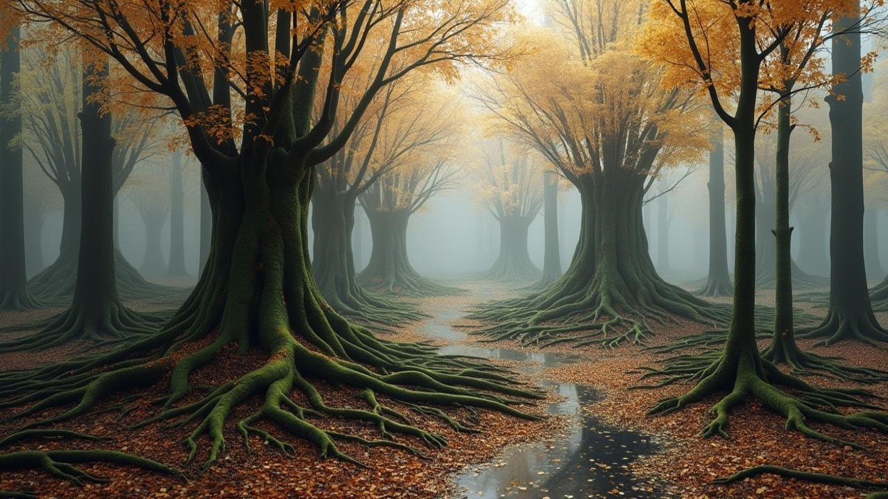 Serene forest scene with autumn foliage and mist