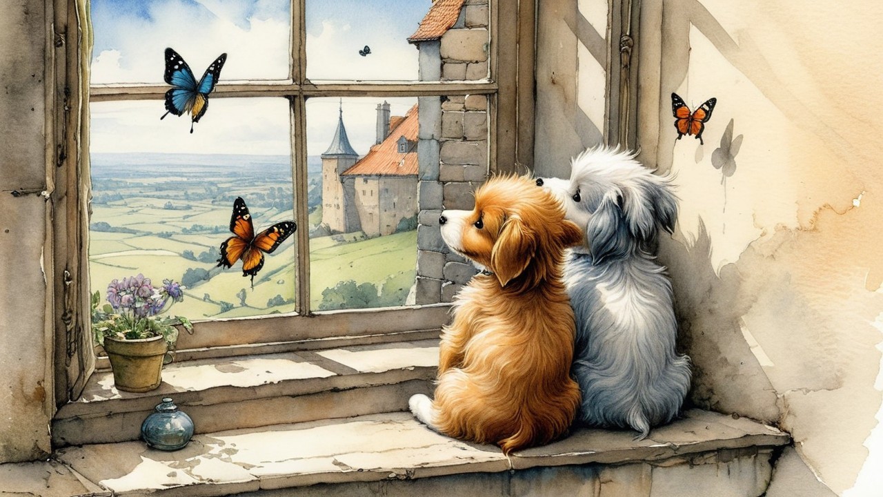 Small Dogs Watching Butterflies from Windowsill