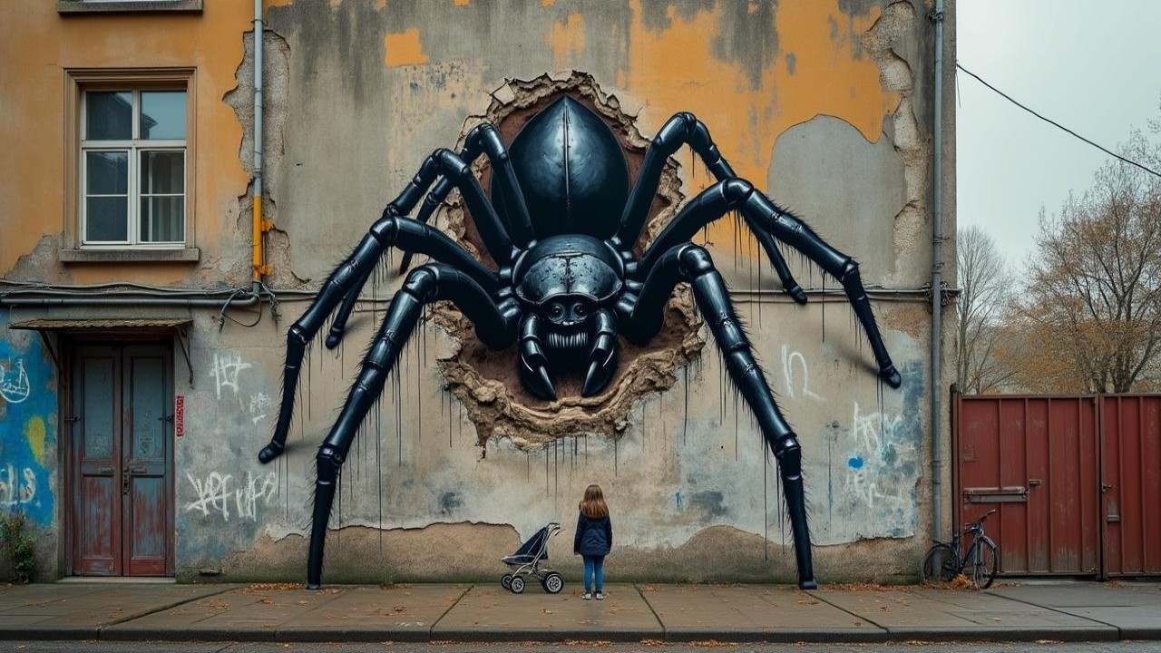 Dramatic Mural of Spider on Cracked Urban Wall