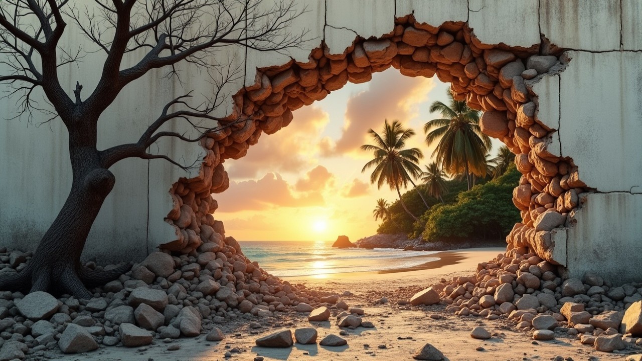 Paradise Scene of Beach at Sunset Through Wall