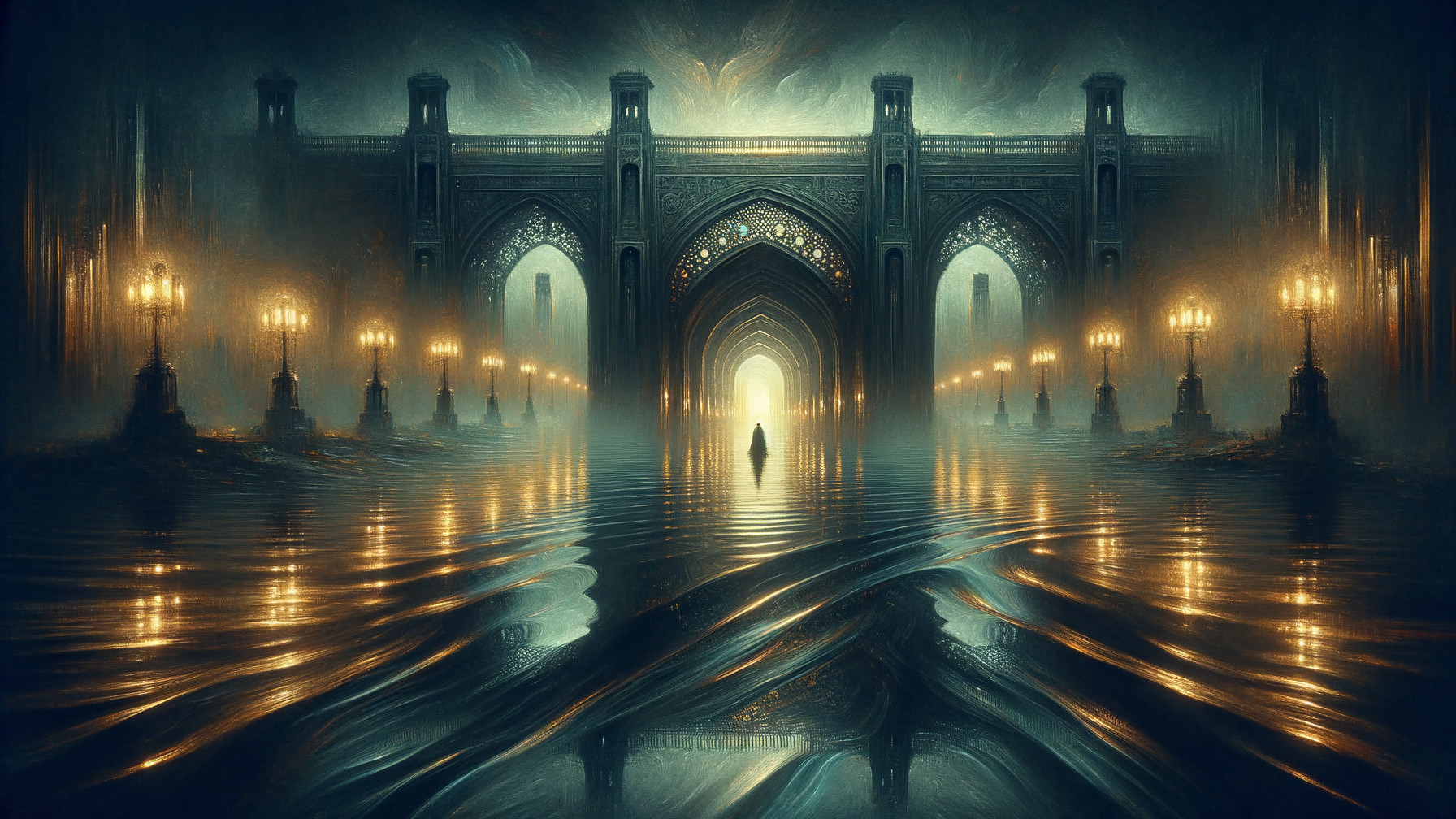 Ornate Archway with Glowing Light and Foggy Atmosphere