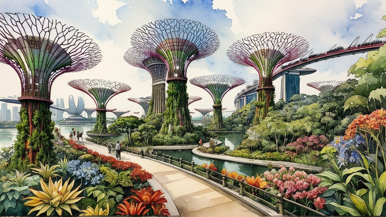 Futuristic Garden with Tree-like Structures and Skyscrapers