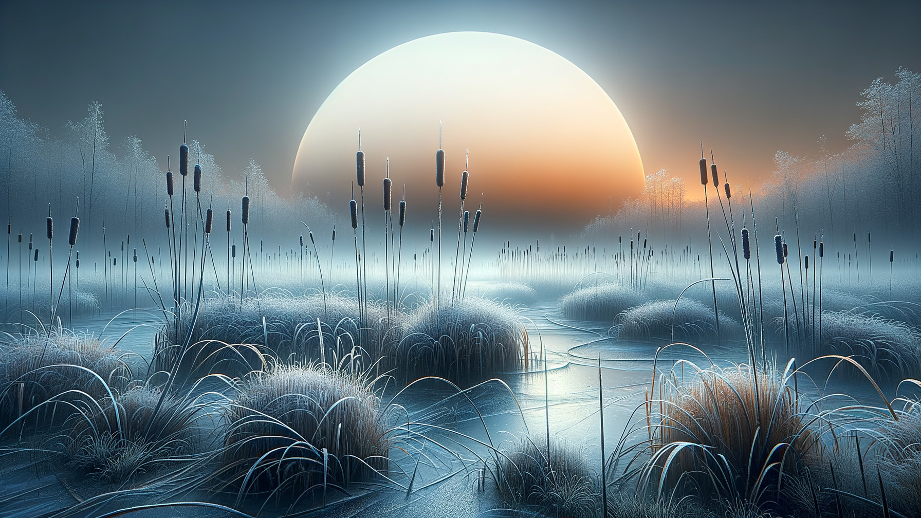 Serene Dawn Landscape with Cattails and Frosty Marshes