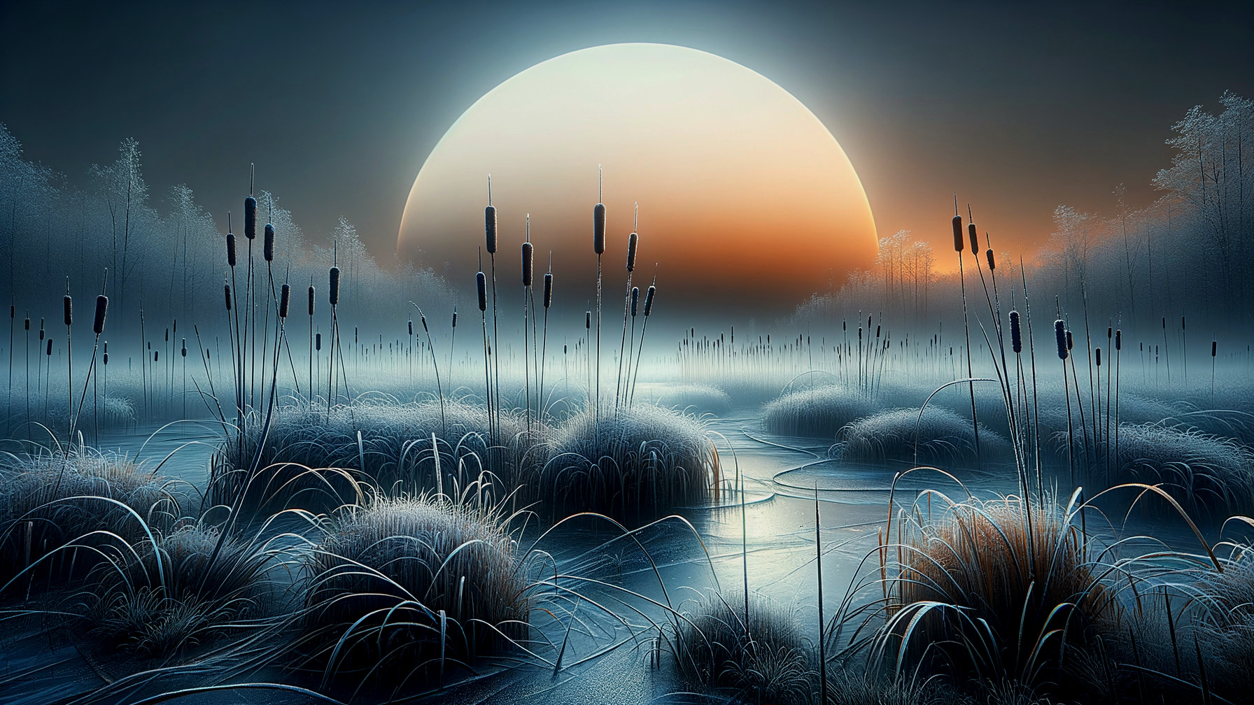 Serene Dawn Landscape with Cattails and Frosty Marshes