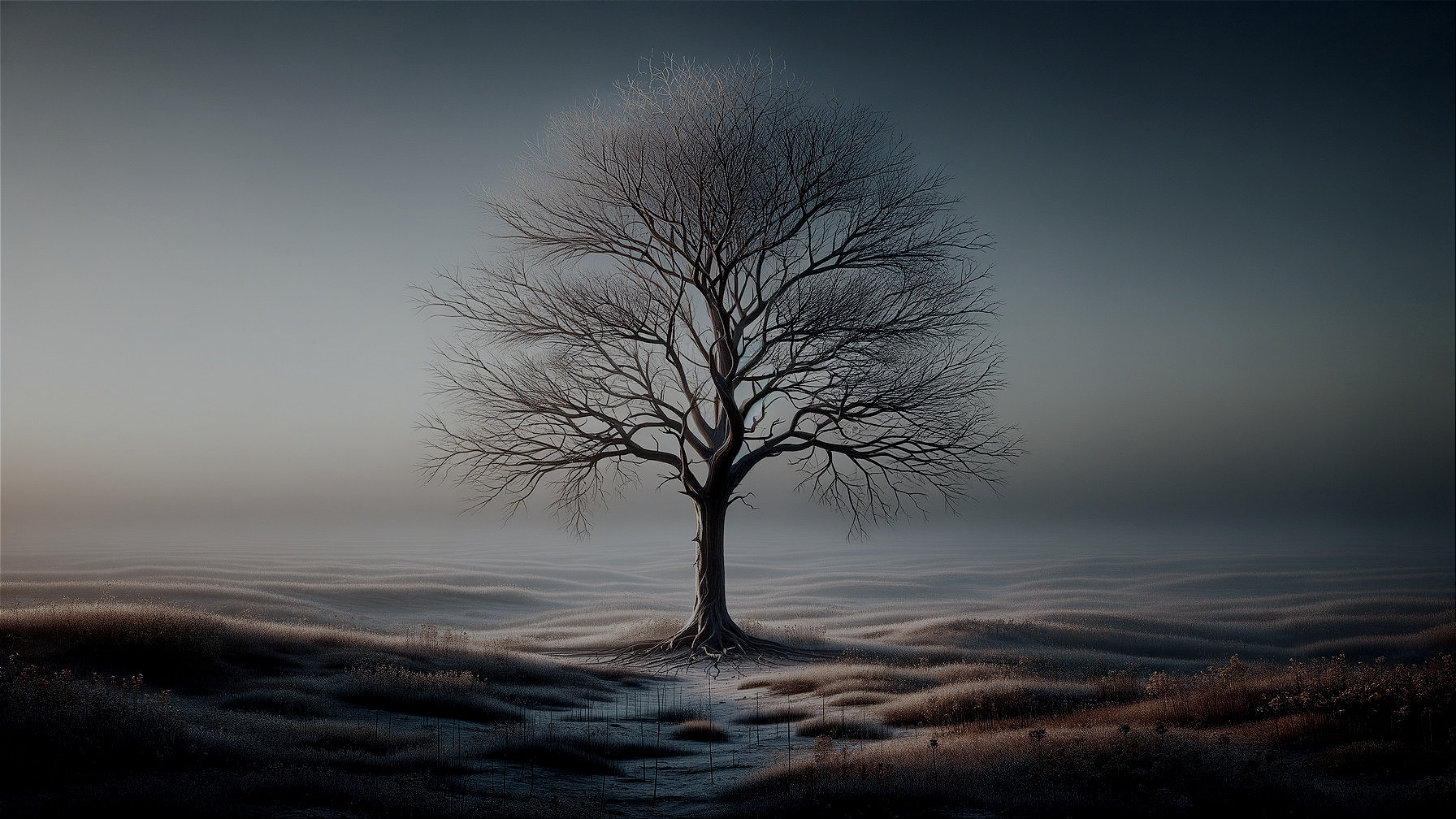 Leafless tree in serene misty landscape at twilight