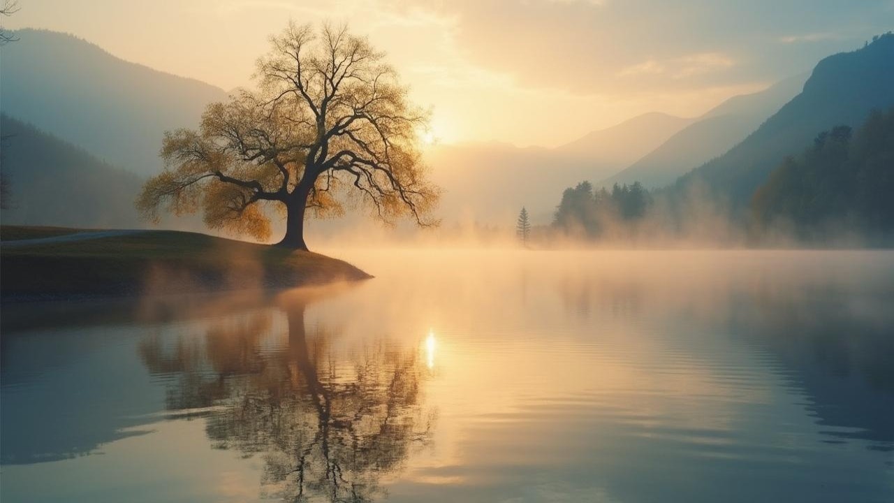 Dawn Landscape with Tree, Lake, and Mountains