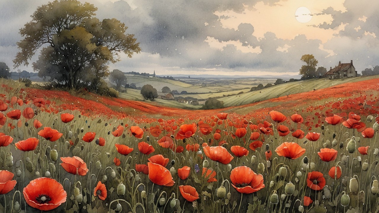 Vibrant Red Poppies in a Serene Landscape Scene