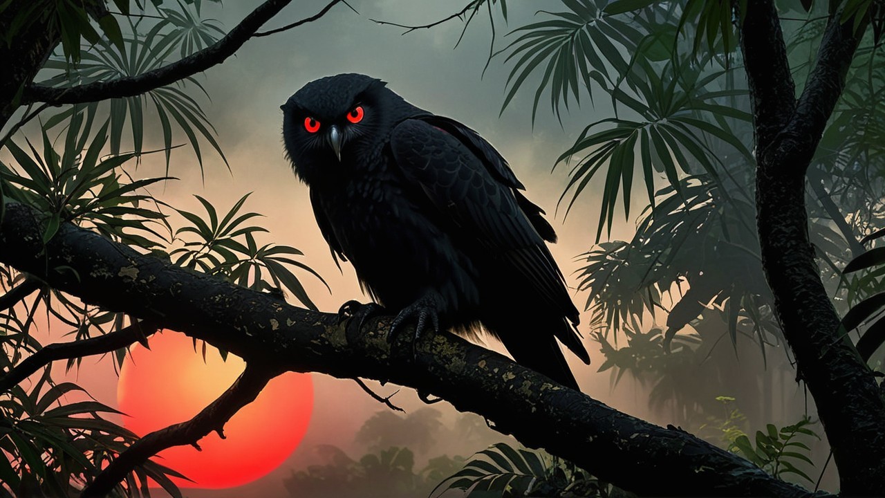 Mysterious Owl with Red Eyes at Sunset Background