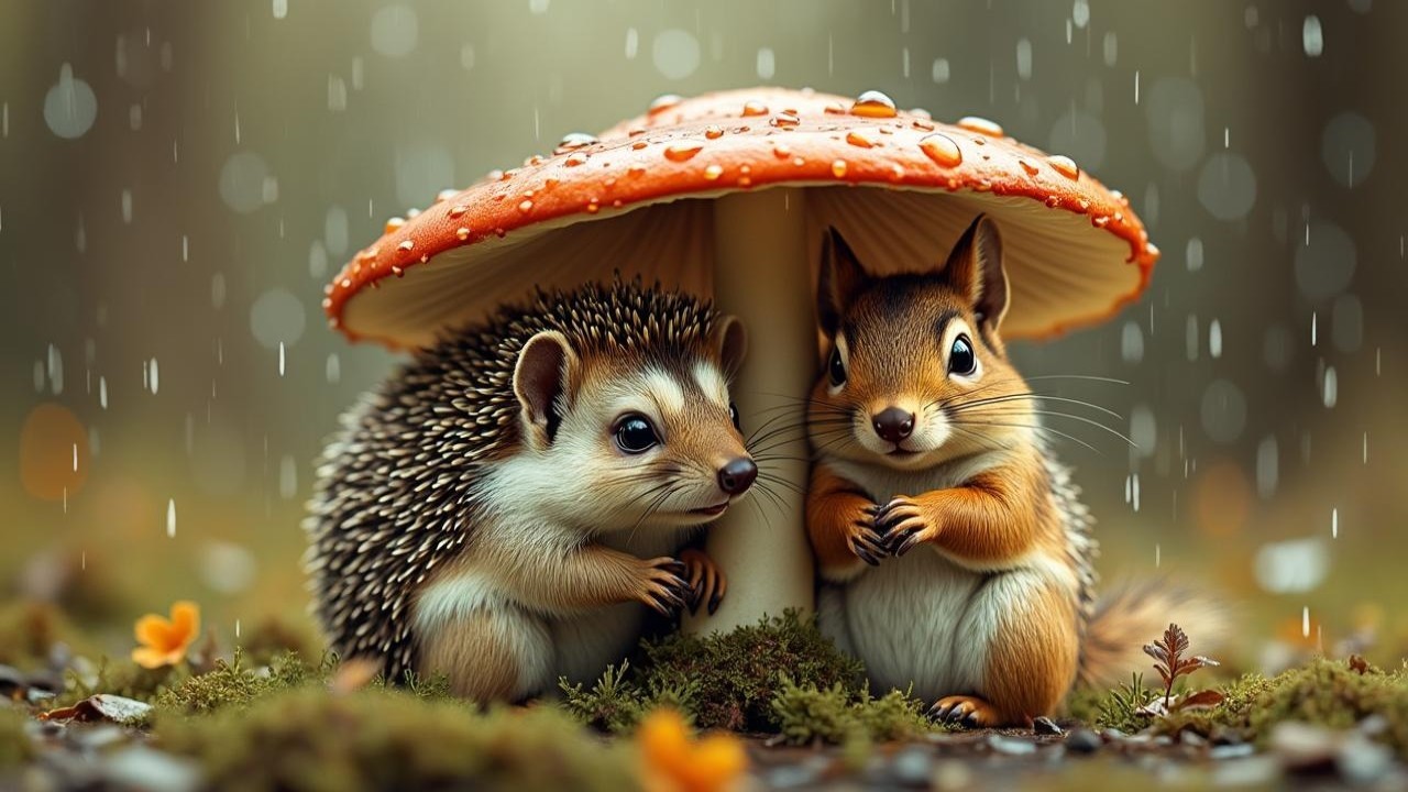 Hedgehog and Squirrel Under Red Mushroom in Rain