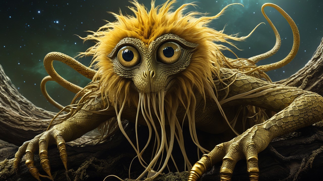 Fantastical creature with scaly body and golden mane